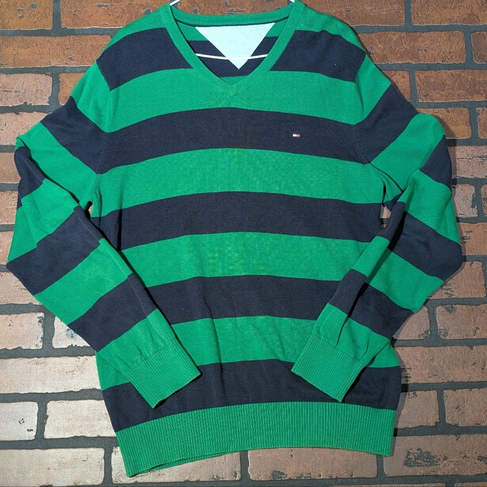 Tommy Hilfiger Men's‎ M Green Navy Striped Sweater